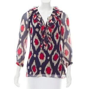 DVF Diane Von Furstenberg Candela Bis Silk Ikat Print Ruffle Blouse sz 0